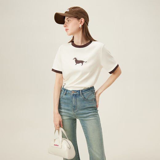 Fan Silan American rétro T-shirt à manches courtes pour les femmes 2024 Collier de contraste de nouveau Collier de contraste Top 24FS12185 Câble vanille XS