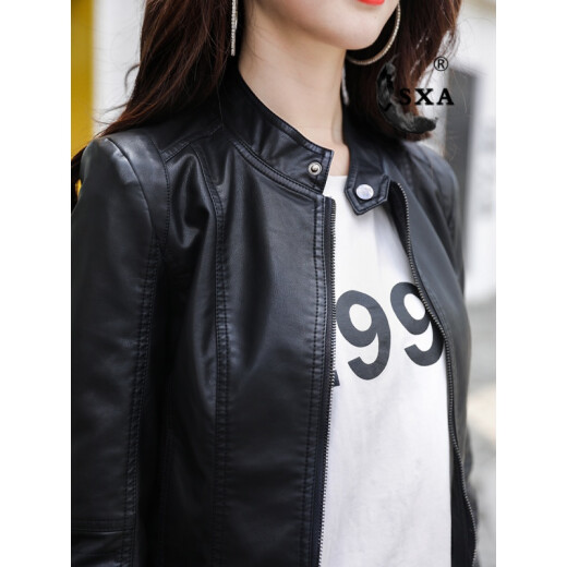 sxa Hong Kong trendy brand short leather jacket women's 2022 autumn and winter new thickened slimming motorcycle jacket leather jacket top temperament versatile short jacket black M