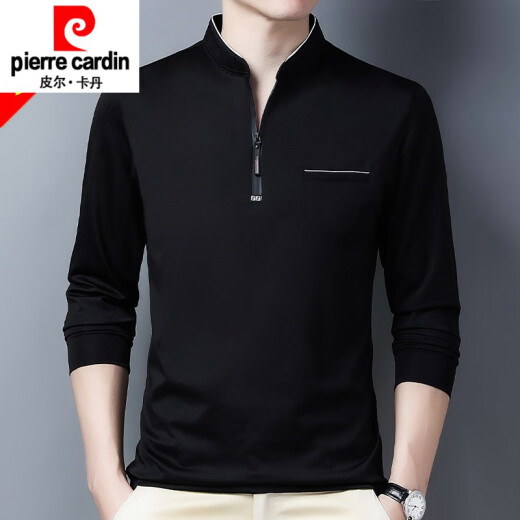 皮尔卡丹（pierre cardin）品牌棉长袖t恤男休闲薄款体恤上衣春秋季中年立领打底衫针织 6623深兰 180/2XL建议160-170斤