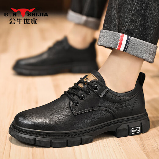 Bull Family Men's Shoes 2025 Spring New Retro Leather Shoes Men's Business Casual Shoes Men's British Soft Sole Low-top Martin Boots Black Four Seasons Single Shoes GN123101753 40 (Sports Shoe Code)