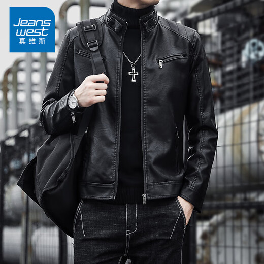 Jeanswest 2024 new top leather jacket men's leather jacket autumn and winter Korean style trendy casual motorcycle wear work jacket jacket A107-1-609A Black M