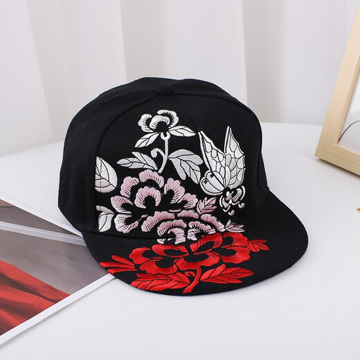 Nozhi Meng Chinese style hat for men and women, embroidered flat brim hat, flat brim hat, baseball cap, sun hat, duck tongue sun hat NM164, peony black, one size fits all, adjustable