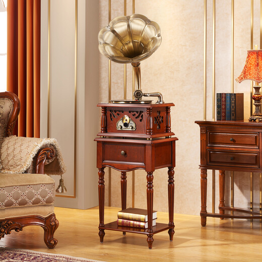 SHENGLINA American solid wood gramophone retro vinyl record player nostalgic national old-fashioned antique large speaker living room audio European record player cherry color copper speaker + subwoofer