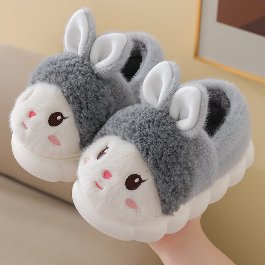 Candy astringent children's cotton slippers, winter plus velvet, thickened, warm, soft sole, non-slip, home cartoon rabbit, boys and girls, baby cotton slippers, heel included, pink, size 22-23, inner length 14cm