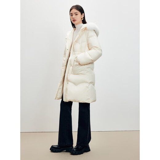 PeaceBird Women's Fox Fur Collar Mid-Longgent Down Down Down para mujer Botón de pan de cuerno cálido suave con capucha de mujer Beige M