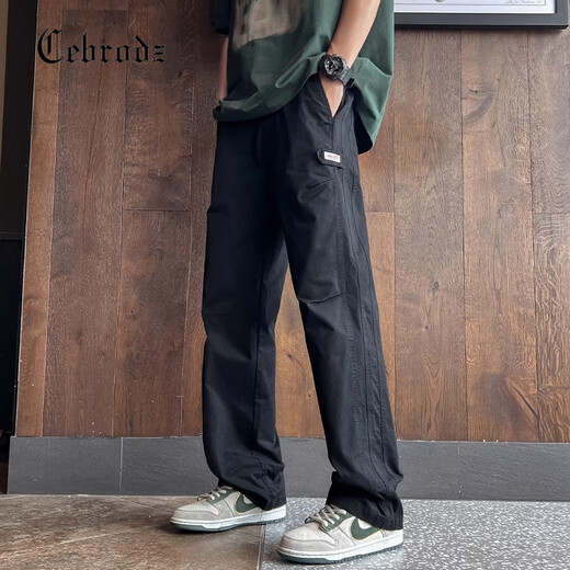 Cebrodz法国 休闲裤男美式直筒冰丝薄款夏季新款运动宽松阔腿工装裤子 黑色 XL