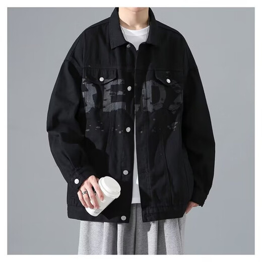 Digada American denim jacket men's fashion new trendy brand retro Hong Kong style workwear casual loose handsome heavy jacket men TY842 black regular XL 100-120Jin Jin equals 0.5 kg