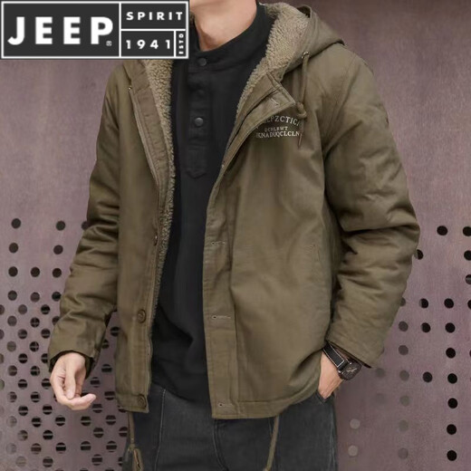 JEEP SPIRIT羊羔绒外套男短款宽松保暖连帽工装棉服休闲冬季加绒加厚棉衣夹克 卡其色【高品质】 XL 建议【130-150斤】