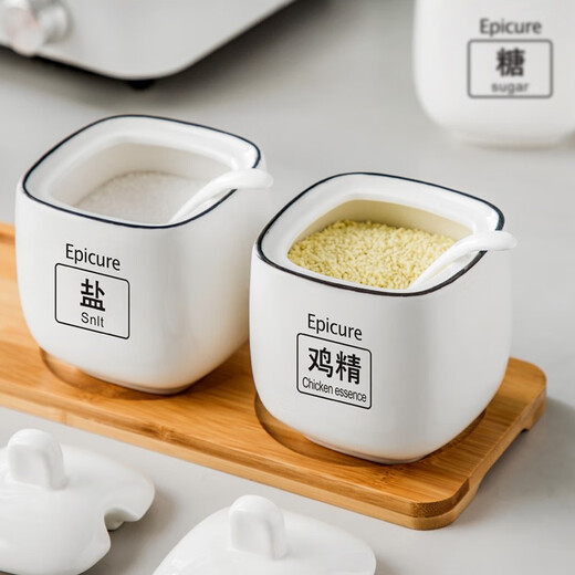 Duo Meiran household white ceramic seasoning jar seasoning combination set seasoning box kitchen seasoning jar salt shaker seasoning bottle jar 2 black line white jars - with wooden board