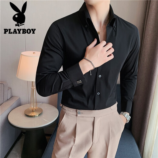 Playboy (PLAYBOY) French style with cufflinks large V-neck long-sleeved shirt for men, handsome slim business casual banquet shirt suit dress blue XL recommended 147-163Jin [Jin equals 0.5 kg] to wear
