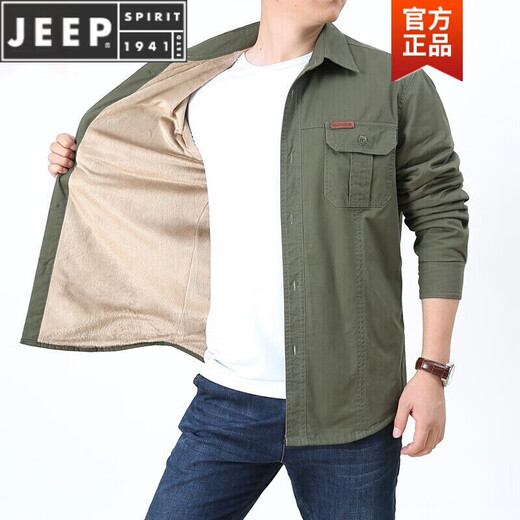 JEEP SPIRIT长袖衬衫男士春秋休闲纯棉大码宽松衬衣青年上衣薄款外套男 加绒军绿色 1389 XL
