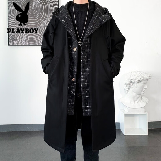 Playboy trench coat men's mid-length trendy loose summer thin Korean style fake two-piece hooded woolen coat black 2XL