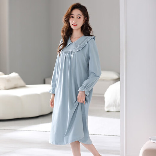 浪莎（LangSha）睡裙女秋季纯棉长袖带胸垫睡衣2023新款女士柔感休闲可外穿家居服 671烟雾蓝（带胸垫） XXL【170-175cm/140-165斤】