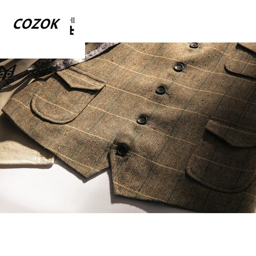 CINESSD秋冬款人字纹复古男士西装马甲粗花呢欧美咔叽英伦大码保暖背心潮 咖啡色格子 5XL