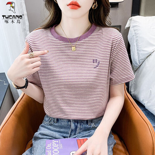 Woodpecker Purple rayé à manches courtes à manches courtes pour les femmes lâche 2025 Summer Summer T-shirt Smiley Face Smiley Broidered Top 9928 # Purple + 9959 # Red S Recommandé 80-95Jin [Jin est égal à 0,5 kg]