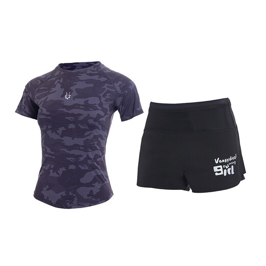 Vansydical running sports suit for women summer fitness morning jogging suit quick dry short-sleeved T-shirt badminton uniform training marathon suit dark gray camouflage + black shorts TC65948 XXXL [Suggestions: 145-160]