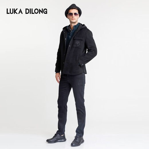 Lucadilong [Wolle + Mulberry Seide] Klassischer Stil personalisierter Modemuster gedruckter Taschenmänner Wolljacke Männer schwarz l 50
