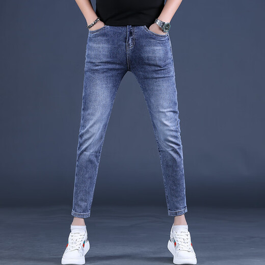 Kurentou Summer Blue Bleu Nine Point Jeans Hommes Slim Feet 2023 Nouveau pantalon pour hommes élastiques 9 points Men Q1049 Gray Nine Point 32 2 pieds 5