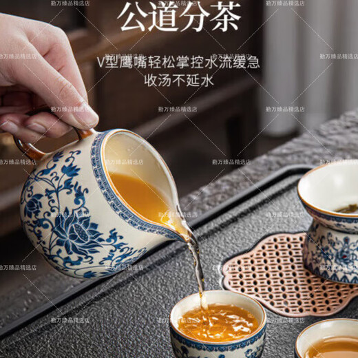 ROWILUX tea set complete set of high-end blue and white porcelain gift box 2025 new light luxury Ru kiln Kung Fu teapot tea cup ceramic lid bowl Huang Ru kiln flowers 10 pieces