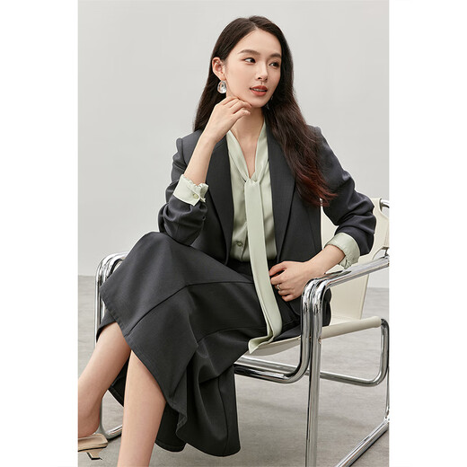 Shandubila 2025 Spring and Autumn Blazer Feminine Commuting One-Button Metal Label Fake Pocket Suit Dark Gray S