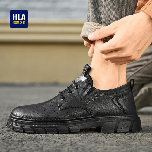 海澜之家（HLA）皮鞋男春夏新款复古厚底工装鞋中帮小马丁鞋靴子冲孔商务休闲鞋男 HAAGZM2ACa0084-黑色 40