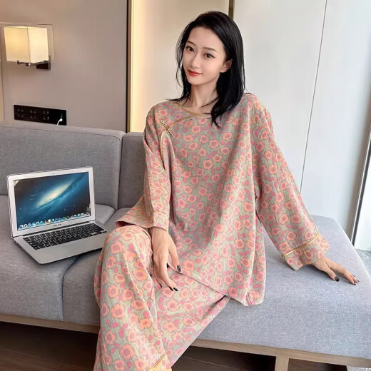Jiuhongfei Fat MM Pajamas para mujeres en primavera y otoño gran tamaño puro algodón retro de algodón de algodón floral de algodón de algodón de algodón más grasa más 200 jin [Jin es igual a 0.5 kg] YZ16802 5XL (180-240 Jin [Jin equivale a 0.5 kg])