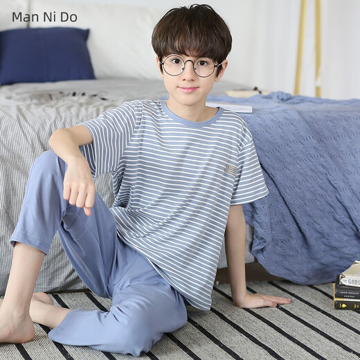 曼妮朵儿童睡衣男童短袖长裤大童家居服夏青少年全棉男孩纯棉空调服套装 F724【短长】 170 XL码建议165-170cm