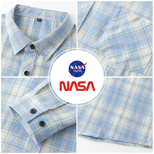 NASA Good Long Sleeve Shirt Herren Frühlings- und Herbst Koreanischer Stil Trendy Plaid Shirt Jugend lässig Lose Jacke Blau XL