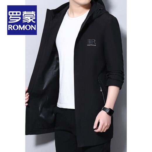 罗蒙（ROMON）高档轻奢中长款连帽风衣男春季新款中青年茄克男士休闲百搭外套男 黑色 175/88A码