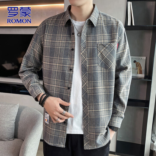 ROMON long-sleeved shirt men's autumn and winter loose men's shirt trendy plaid casual shirt jacket gray 2XL