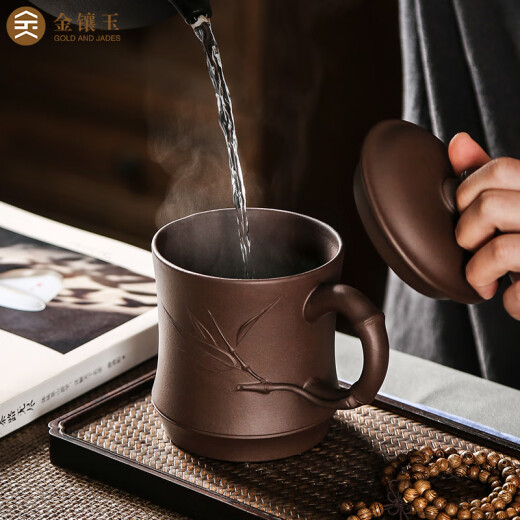 Gold inlaid jade Yixing purple clay cup tea cup tea set office cup handmade original mineral purple mud water cup bamboo rhyme cup 450ml