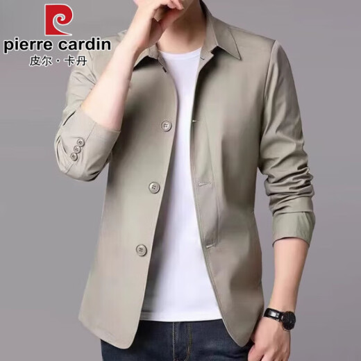 皮尔卡丹（pierre cardin）春秋季男士商务休闲夹克西装中青年纯色翻领薄款韩版修身风衣外套 浅灰色1048 M【建议98-110斤】