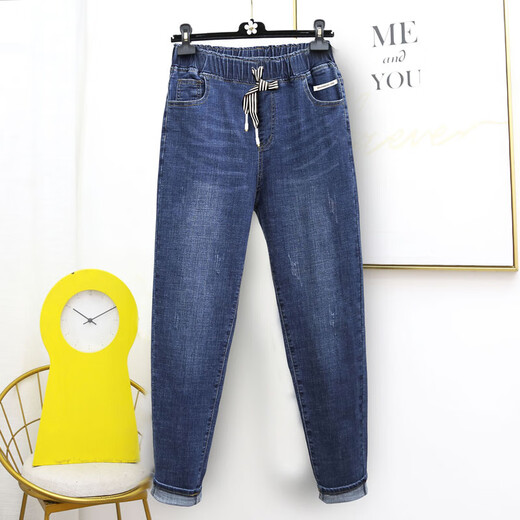 简方位特大号加绒加厚胖妹妹秋冬大码牛仔裤特女松紧腰新款200斤高腰加 9923蓝色常规版 L  100-115斤
