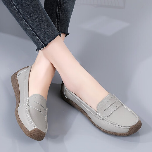 Mom's shoes spring and autumn super soft sole comfortable single shoes middle-aged and elderly women's shoes non-slip granny shoes ladies genuine leather beanie shoes light gray 38