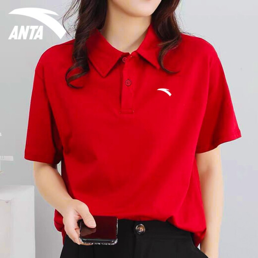 Camiseta de manga corta Anta para mujeres 2022 Summer Nueva camisa de solapa transpirable suelta Running Fitness Silk Silk Ropa de secado rápido Camiseta a media manga al aire libre Sportswear informal -4a14066 Classic Red XS/155