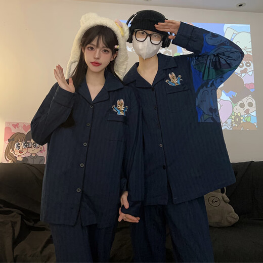 Shengshu ins Japanese style Crayon Shin-chan spring and autumn pajamas for one man and one woman long-sleeved trousers cotton home clothes couple set White Crayon Shin-chan long sleeves + trousers Women's M size 80-100 Jin Jin equals 0.5 kg Wear