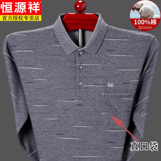 恒源祥纯棉长袖t恤男春秋打底衫体恤中老年爸爸秋装真口袋polo领衫 9902--灰色 M 【建议95--120斤】
