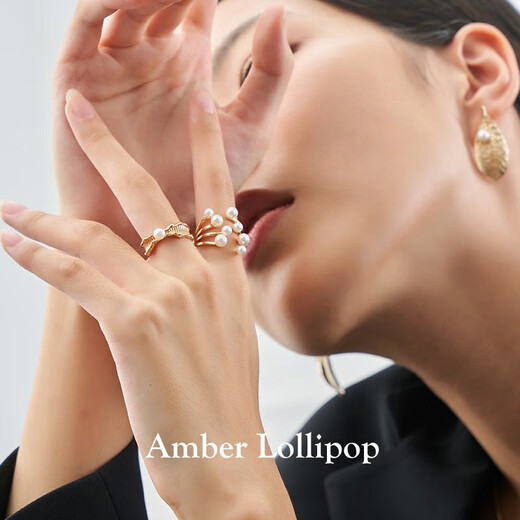 Amber Lollipop Pearl Ring Women's Index Finger Ring 925 Silver Open Ring Anniversary Birthday Gift for Girlfriend and Wife
