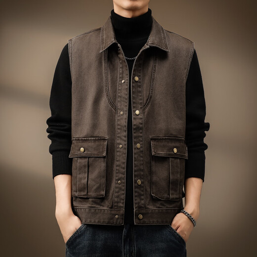Romon Vest Men's American American Spring New Loose Versatile Fashion and Retro Workworks Cotton Jacket Men's Top Khaki XL adapté à 140-160jin [Jin est égal à 0,5 kg]
