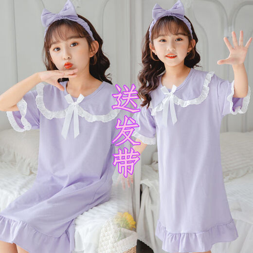 护子鸟儿童睡裙短袖卡通纯色棉2-14岁小孩子穿的夏季中大童小女孩家居服 HH短裙翻粉格子发带 110 12码身高-12048斤内