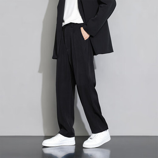 SHANNU casual pants men's spring and summer draped thin trendy loose wide-leg ice silk straight business suit trousers black [high quality] L