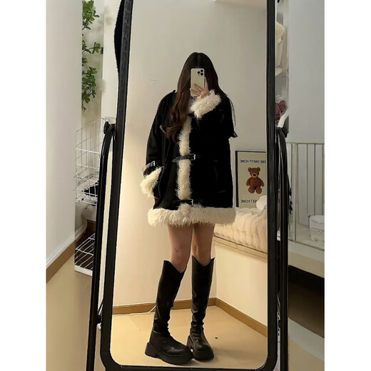 Apocalypse Century Design Retro Furry Stitching Lamb Wool Stand Collar Cotton Clothes Women's Winter Thickened Motorcycle Jacket Black S