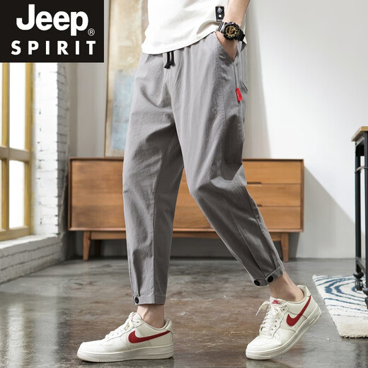 
JEEP SPIRIT Cropped Pants Men's Korean Style Fashion Brand Slim Cotton Linen Casual Cropped Pants Loose Harun Sports Straight Tile Small Tile Foot Black M