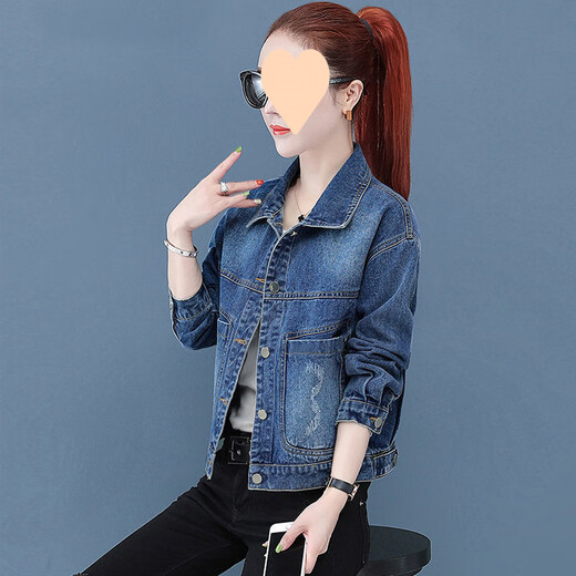 Pushui square denim jacket for women short slim fit and slim 2025 spring and autumn dark blue jacket 9901# embroidered sequin style [blue] S [recommended 80--100Jin [Jin equals 0.5 kg]]