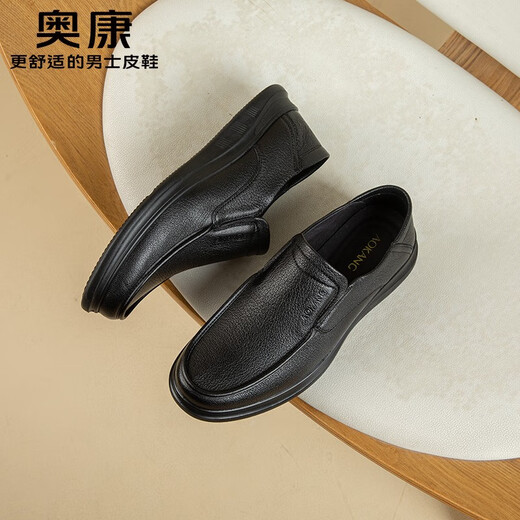 Aokang official men's shoes, spring and autumn men's fashionable business casual leather shoes, versatile sheepskin comfortable slip-on dad shoes, black T243214111 39 245mm