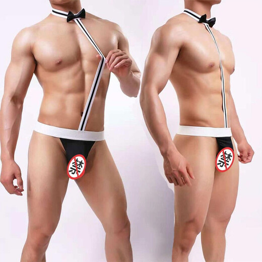 Sexy pajamas, men's underwear, tights, waiters, nightclub party performance clothes, one-piece SM uniforms, tempting men, long lace bathrobe + thong suit 21 black