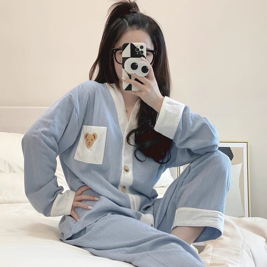 Yalu-Pyjamas für Frauen im Frühjahr und Herbst Baumwoll lange Ärmel einfache Damen losen Sommer-High-End-Home-Kleidung Herbst und Winter neuer Stil D6167 M [75 100jin [Jin ist 0,5 kg]]