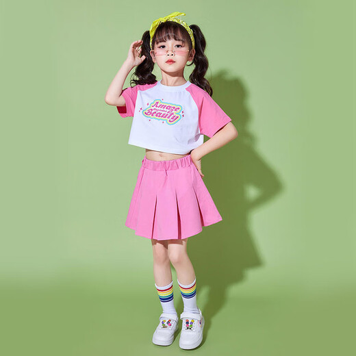 YAWULFE幼儿园啦啦队六一儿童节演出服可爱风粉色短袖拉拉操舞蹈表演服装 605粉白拼色短袖+701粉色短裤 120cm