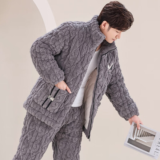 莫代尔新款男士秋冬季三层夹棉睡衣珊瑚绒加绒加厚法兰绒家居服冬天套装 深棕色M6627 L 【95-120斤】三层加厚