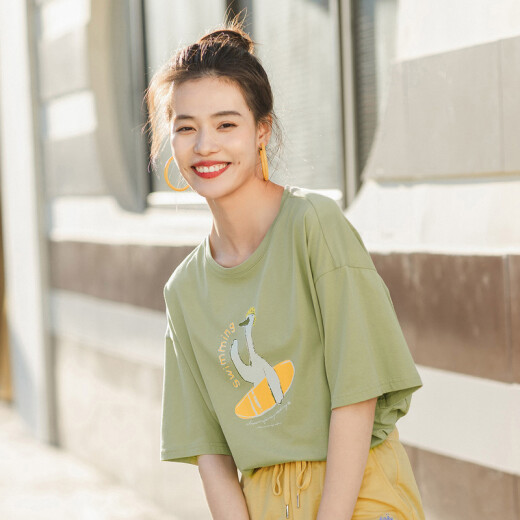 INMAN 2020 summer new style literary and interesting cartoon print loose cotton short-sleeved T-shirt for women 1802157 forest green M
